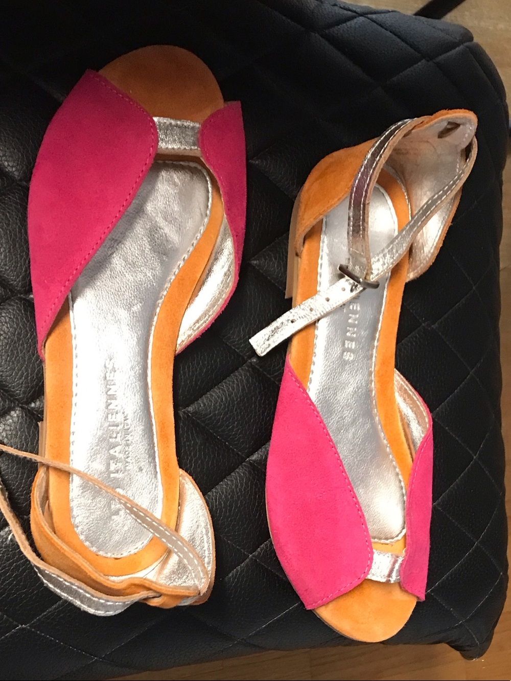 Les Italiennes Pink and Orange Suede Ankle-Strap Sandals with Silver Metallic